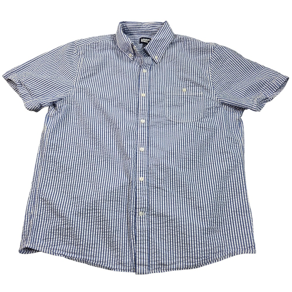 Lands End Mens Large Blue White Seersucker Stripe Short Sleeve Button Down Shirt